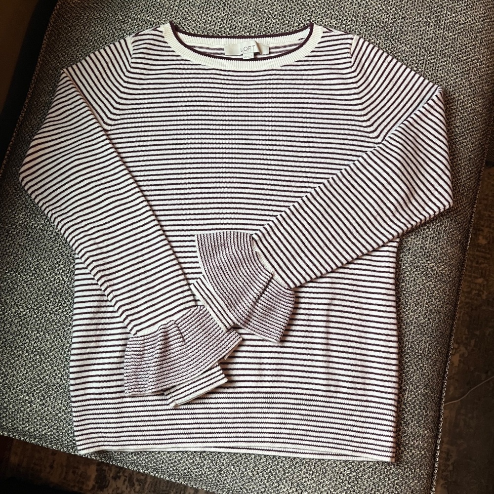 LOFT Crew Neck Striped Sweater with Ruffled Cuffs
